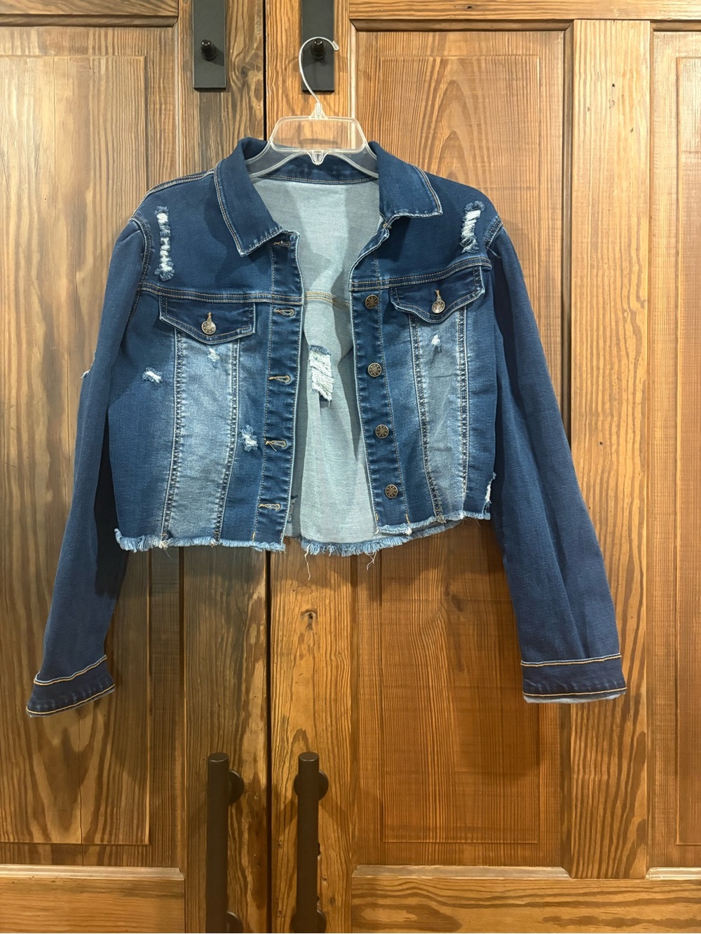 Cropped Distressed Denim Jacket in Dark Blue